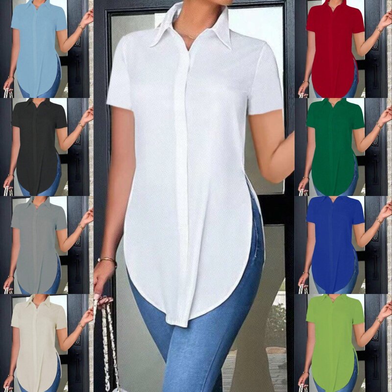 قميص أبيض على الطراز الكوري بأزرار للنساء ، قميص بأكمام قصيرة ، ياقة بطية صدر ، انقسام جانبي ، أساسي ، بولو ، ملابس عمل ، الصيف ،