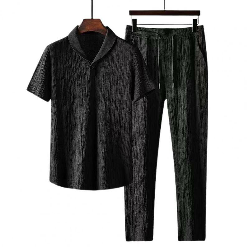 Conjunto de camisa de manga curta e calça comprida masculina, faixa elástica, roupa casual plissada, roupa masculina de negócios, verão, 2 peças por conjunto