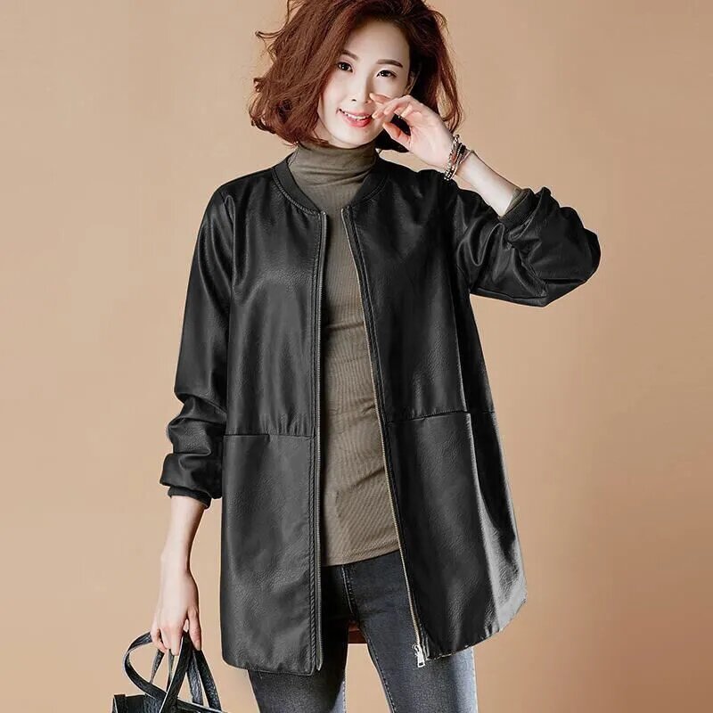 6XLFashio 여성용 미드 롱 가죽 재킷, 한국 루즈 야구 유니폼, 우아한 바람막이, 가을 및 겨울 신상