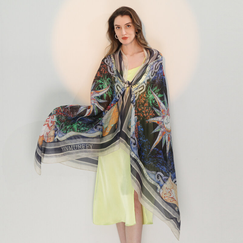 100% jedwabny szal damski Bufandas letnie szale plażowe jesienno-zimowe markowe długie szaliki hidżaby marki wzór kwiatowy