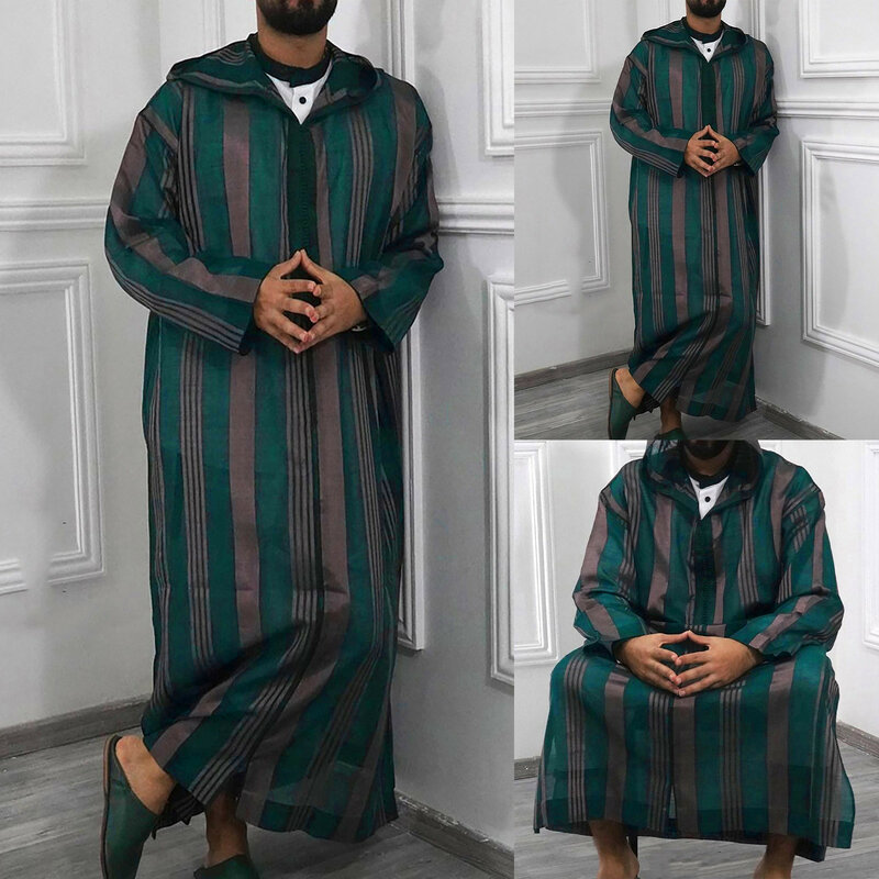 Männer islamische arabische Patchwork gestreifte Kapuze Reiß verschluss muslimische Robe Herbst Streetwear lässig lose arabische islamische Robe