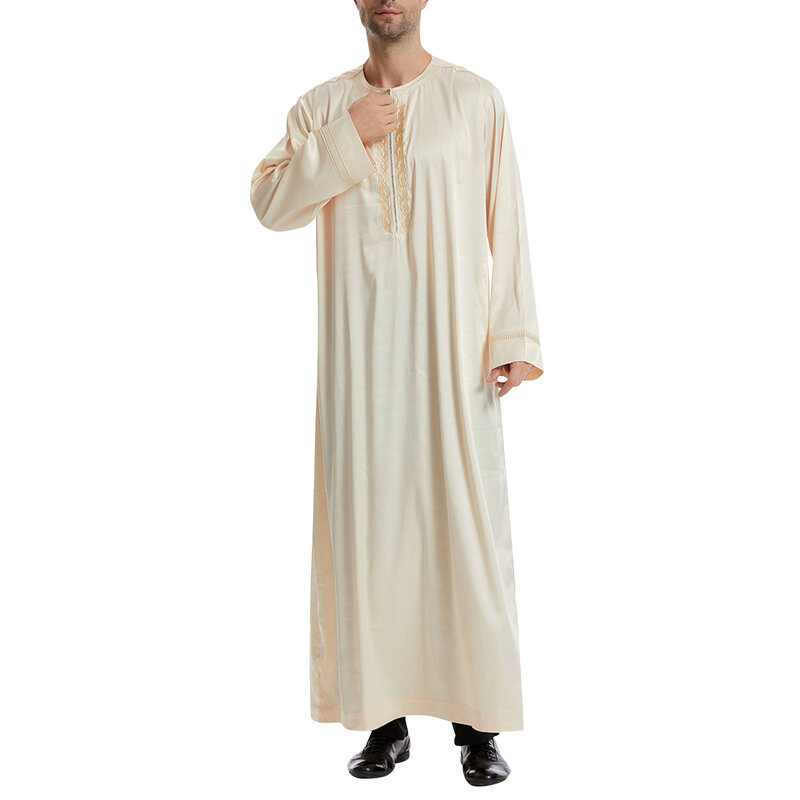 Мусульманский мужской Jubba Thobe с длинным рукавом однотонный цвет женский 2024 круглый воротник молния исламский арабский кафтан мужской Халат
