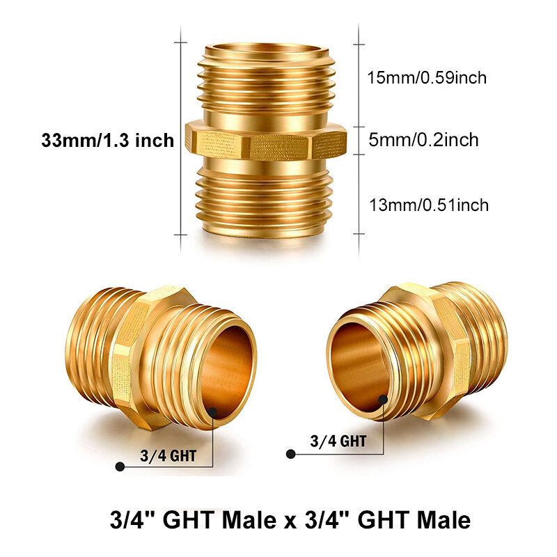 Male to Male Hose Connector Brass Garden Hose Fittings 3/4" GHT 1/2" NPT 3/4" NPT Male Hose Adapter for Water Pipe Connect