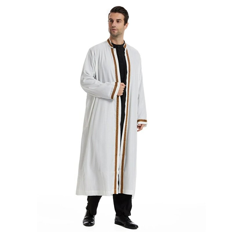 Männer öffnen Abaya Muslim Saudi Jubba Thobe islamische Kleidung Ramadan Kimono Langarm Robe Kaftan Dubai Stand Kragen arabisches Kleid