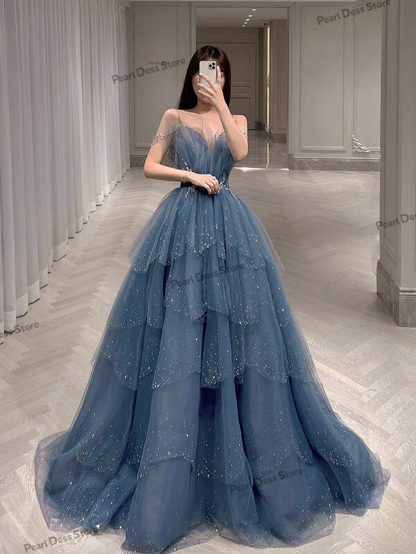 2024 синее Тюлевое вечернее платье, длинное роскошное платье, сказочное бальное платье, подходит для особых случаев, многослойное блестящее платье принцессы