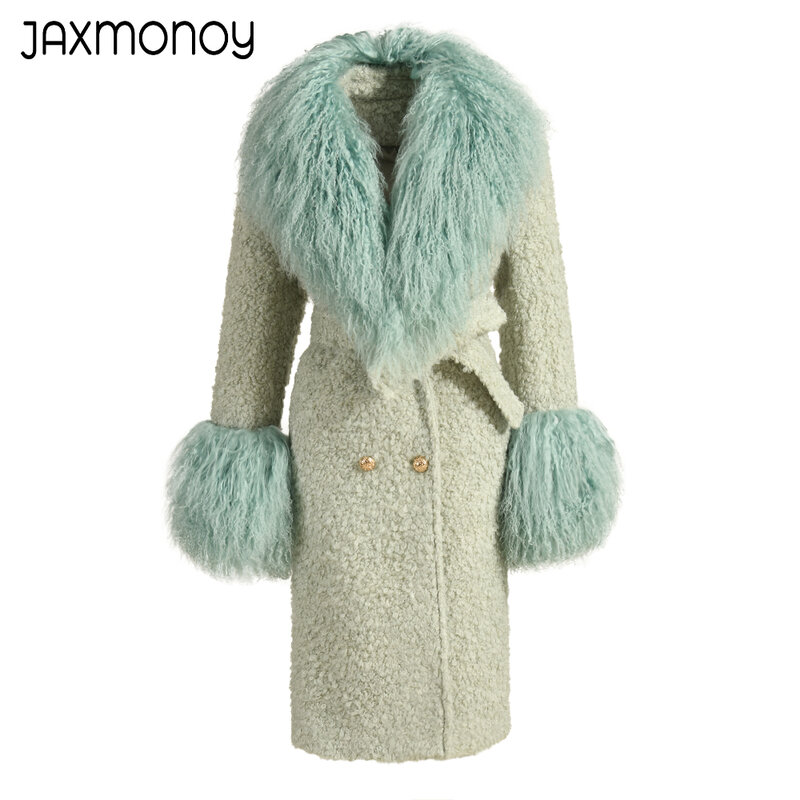 جاكسموني-معطف نسائي طويل من الصوف بفراء منغولي حقيقي ، ملابس خارجية دافئة للسيدات ، موضة أنيقة ، وصلت حديثًا ، شتاء ، ،