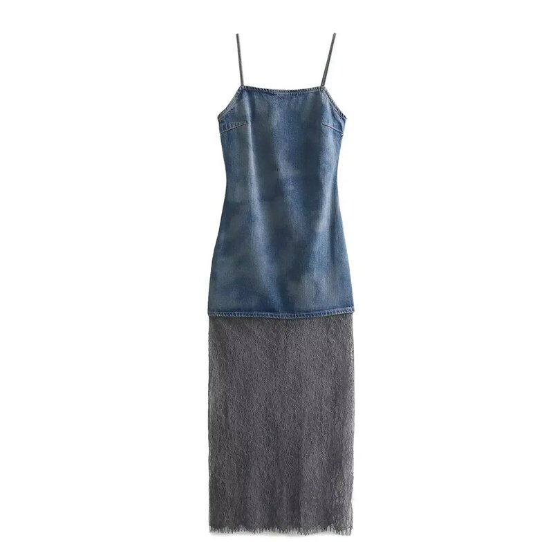 Женское джинсовое платье-миди без рукавов, с кружевом и открытой спиной