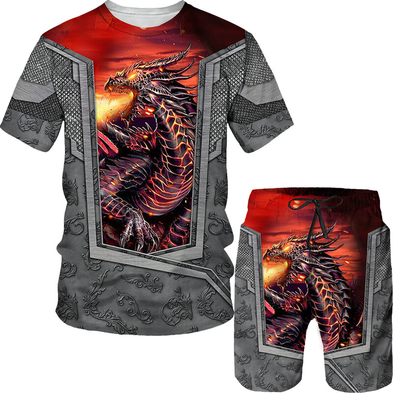 Conjunto de camisetas e shorts Dragon Print masculina, fatos de treino grandes, camiseta de manga curta, calças, ternos masculinos, roupas da moda verão