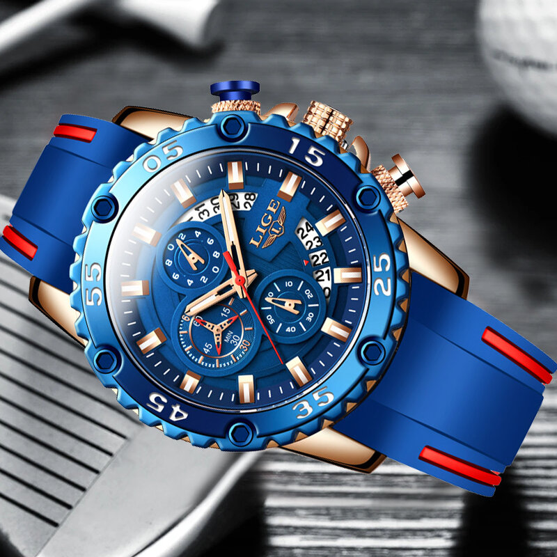 LIGE 남성용 실리콘 시계 스트랩, 최고 품질 럭셔리 방수 야광 남성 시계, 날짜 스포츠 손목 시계