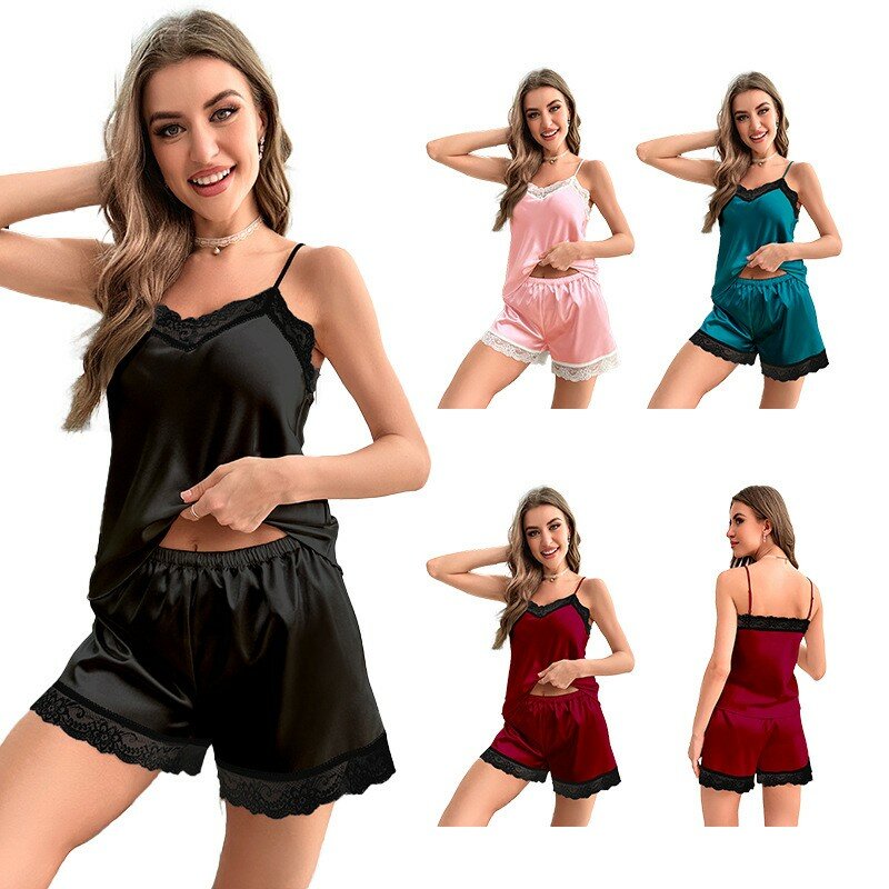 Koronka Sexy Strap & shorts PJS zestaw do spania dla kobiet letnia piżama piżama 2 szt. Komplet piżamy jedwabista satynowa ubrania domowe