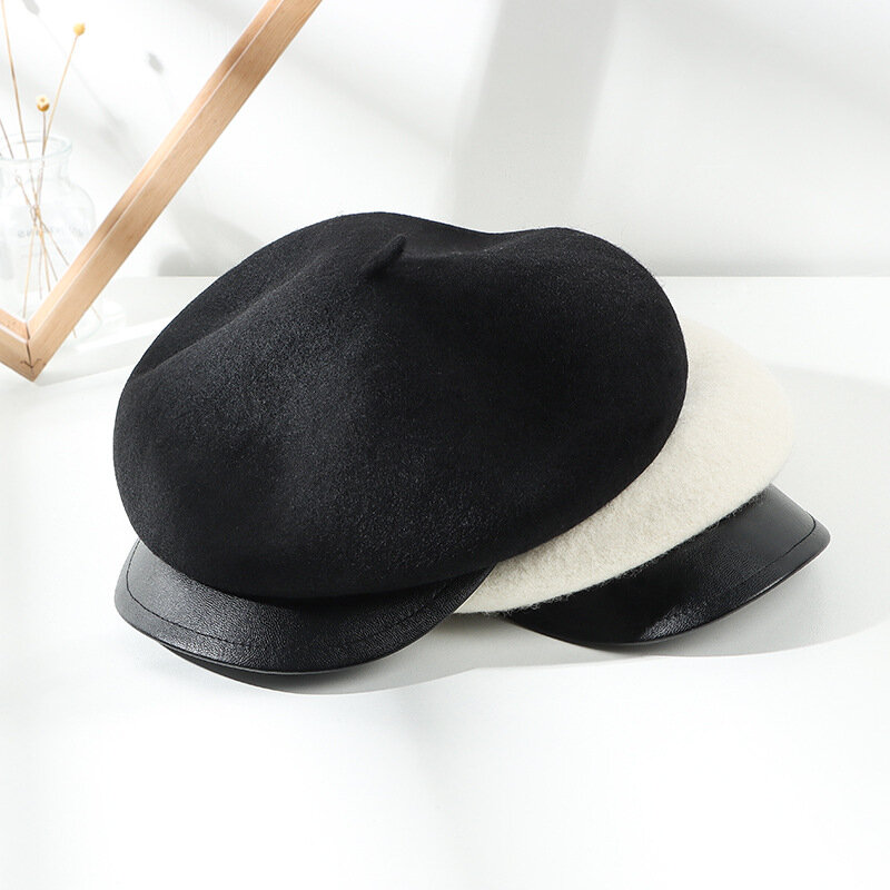 Retro Hat Female Cap PU Patchwork Color Japanese Leather Eaves Winter Wool Octagonal Hat British Woolen Beret Women