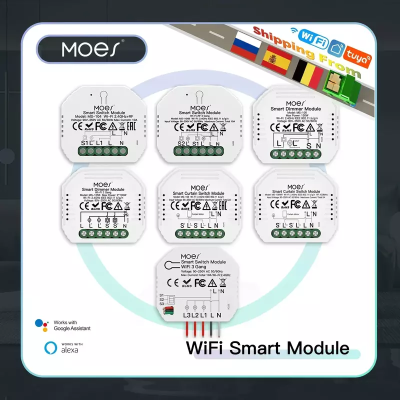 MOES-WiFi Interruptor de Luz Inteligente, Módulo Disjuntor, DIY, Vida, Tuya App, Controle Remoto, Funciona com Alexa, Echo, Google Home, 1/2 Way