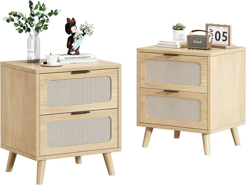 Rattan Nightstand Set of 2, Wood Mid Century End Tables for Small Places, Boho Bedside Table End Table Side Table