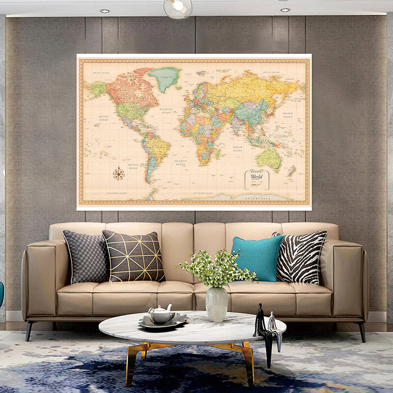 Mapa del mundo de 120x80cm, edición clásica, Mapa en aerosol de vinilo no tejido sin bandera nacional, póster e impresiones para suministros de oficina en casa