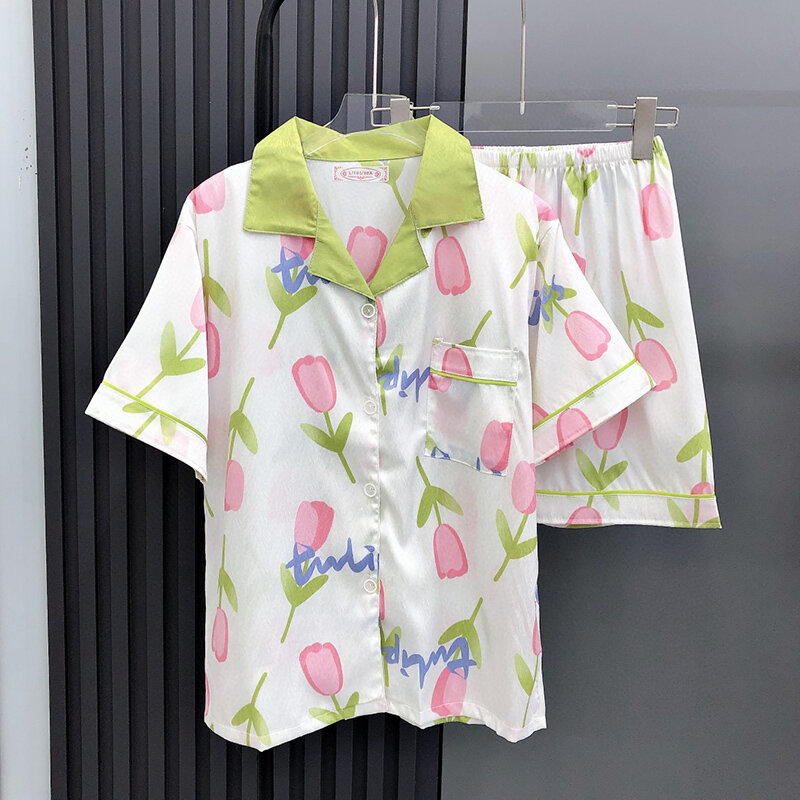 Summer Women Girl Fashion Flower Short Pajamas Sets Faux Silk Sleepwear Home Clothes