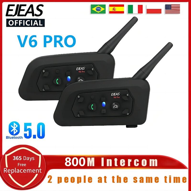 EJEAS V6 PRO Motocicleta Capacete Headset Bluetooth Intercom Comunicador 800M Para 2 Pilotos IP65 Impermeável Música Interphone