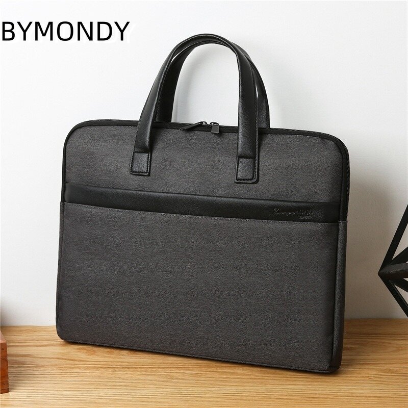 Bymondy-メンズオックスフォードファブリックブリーフケース、大容量、耐水性、ジッパー、オフィスバッグ、クラシックドキュメントバッグ