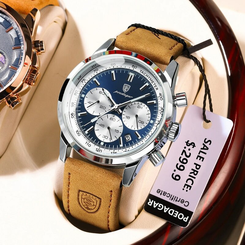 POEDAGAR-Montre-bracelet en cuir à quartz étanche pour homme, chronographe Shoous Date, montres pour homme, marque supérieure, luxe
