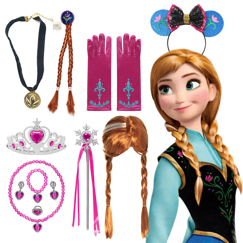 Accesorios de Cosplay de Frozen Anna para niña, conjunto de regalos de Navidad, peluca, guantes, Tiara, corona, collar, varita, pendientes, anillo, accesorios de princesa