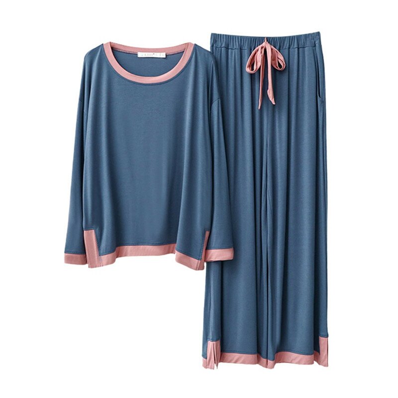 Women's Fashionable Casual Round Neck Long Sleeved Solid Color Top And Pants Home Set Home Clothing Women Holiday Outfits