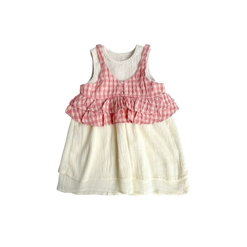 Summer New Newborn Girls 2PCS Clothes Set Sleeveless Round Collar Tops Plaid Patchwork Knee Length Dress Suit Baby Girls Outfits