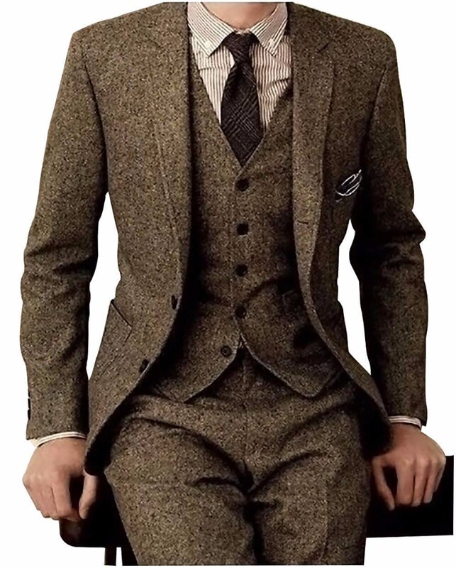 Brown Tweed Men Suits Set di abiti da lavoro formali Custom Gentle-Mens Groom Wedding Dress Blazer Suit 3 pezzi (giacca + pantaloni + gilet)