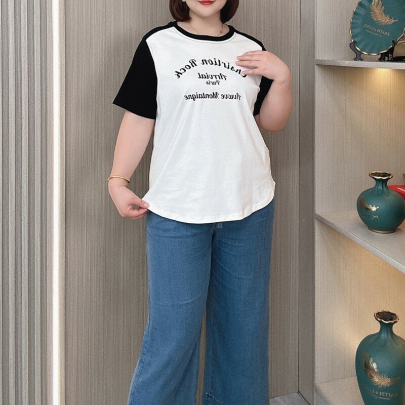 T-shirt manches courtes col rond femme, estival et décontracté, en coton fin peigné, grande taille, 2024