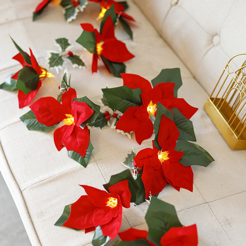 Dekorasi pohon Natal, bunga Poinsettia LED 2m 10LED, dekorasi rumah dalam ruangan luar ruangan