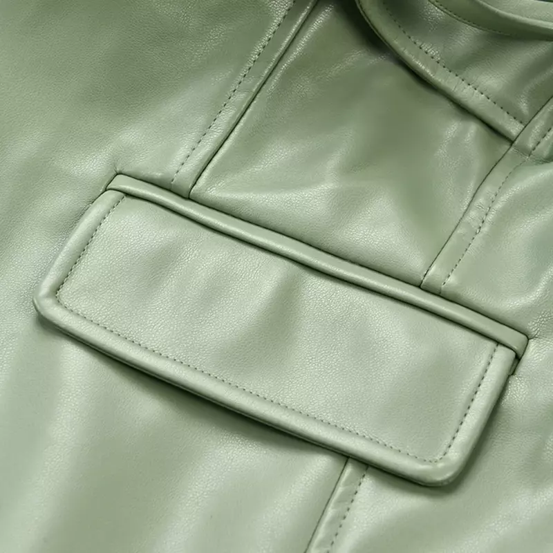 Damska kurtka ze skórzanym paskiem jesienno-zimowa jednolite, z kieszeniami Streetwear na co dzień ze sztucznego płaszcz skórzany