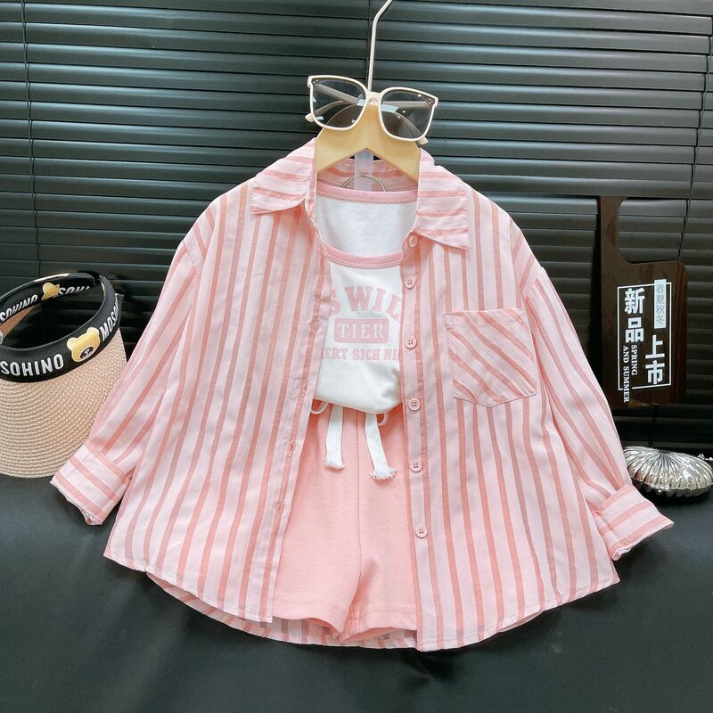 New Summer Sunscreen Girls Clothing Set Stripe Shirt + Comfortable Vest + Short Pants 3Pcs Suit For Kids Birthday Present