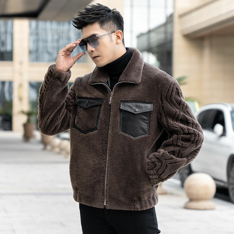 2023 Autumn Winter New Fashion Men Genuine Lambswool Coats Male Real Fur Warm Outerwear Men Long Sleeve Casual Jackets I489