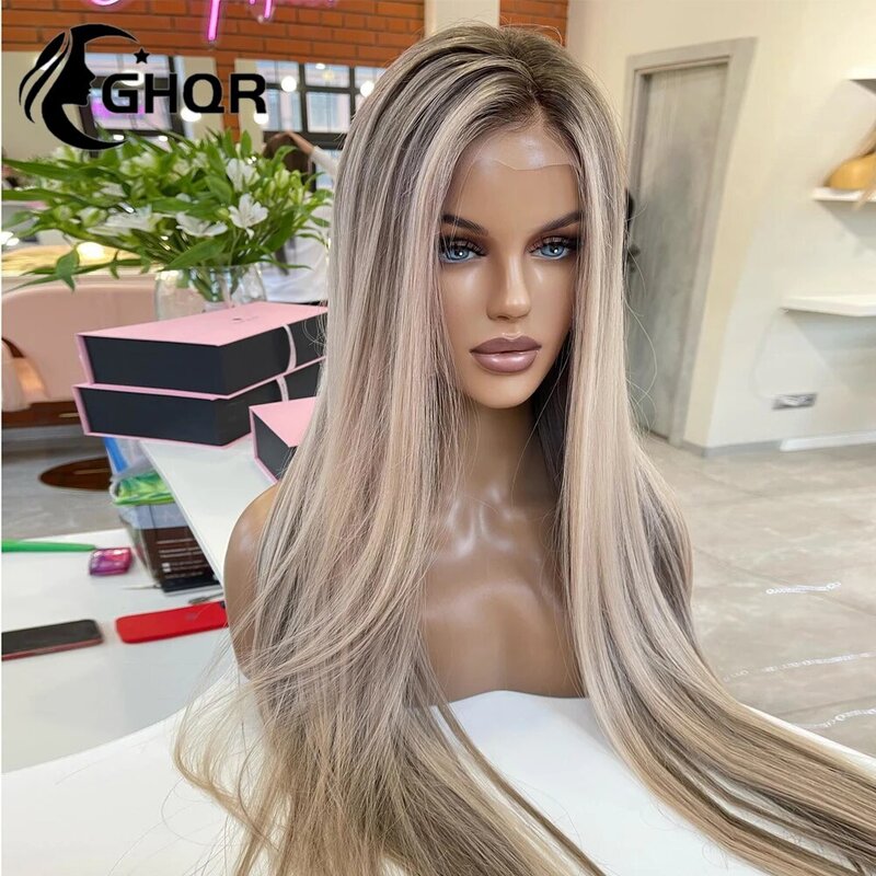 Ash Grey Blonde Straight Cabelo Humano Perucas para Mulheres, HD Transparente Lace Frontal Perucas, Full Lace Highlight, Frete Grátis