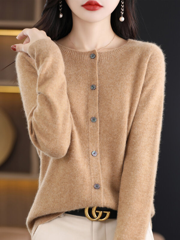 Women's 100% Merino Wool Knitted Sweater O-Neck Cardigan Loose Long Sleeve Chic Tops Casual Fashion New Spring Autumn Winter