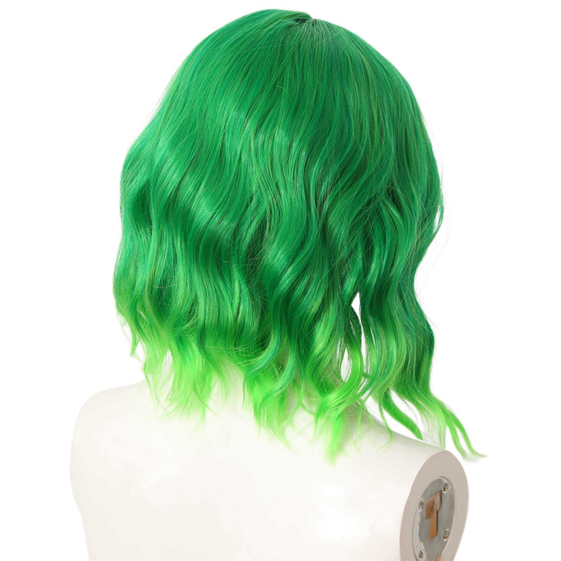 Peluca rizada de división media fluorescente degradado verde para mujer, Peluca de cabello corto y rizado para mascarada de rendimiento cómodo