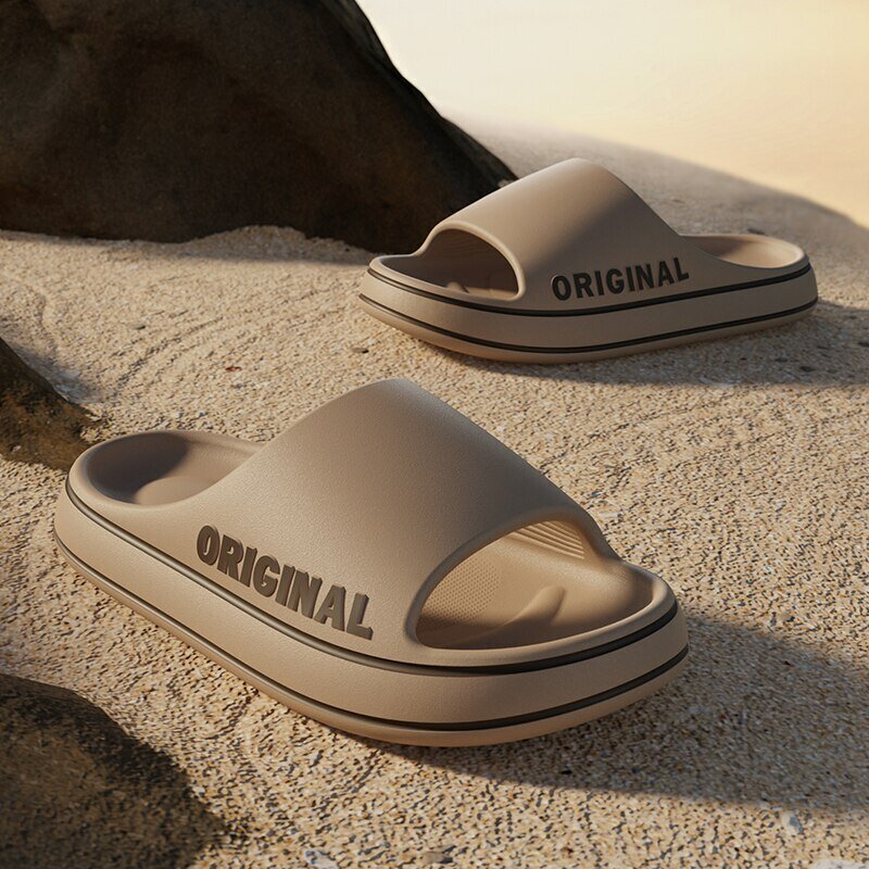 Feslishoet-Zapatillas de playa con letras para hombre y mujer, chanclas antideslizantes de Color sólido con suela gruesa para interior y baño, sandalias de verano para parejas