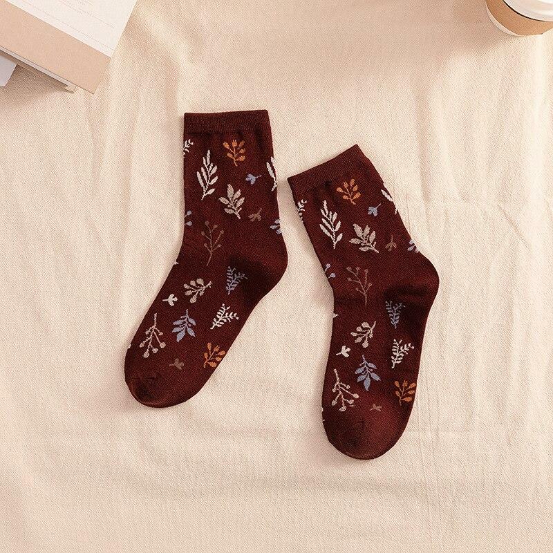 1Pair Cotton Socks Forest Printed Plant Pattern Sweat-absorbent  Autumn and Summer Girl Socks Style Retro Women's Tube Socks