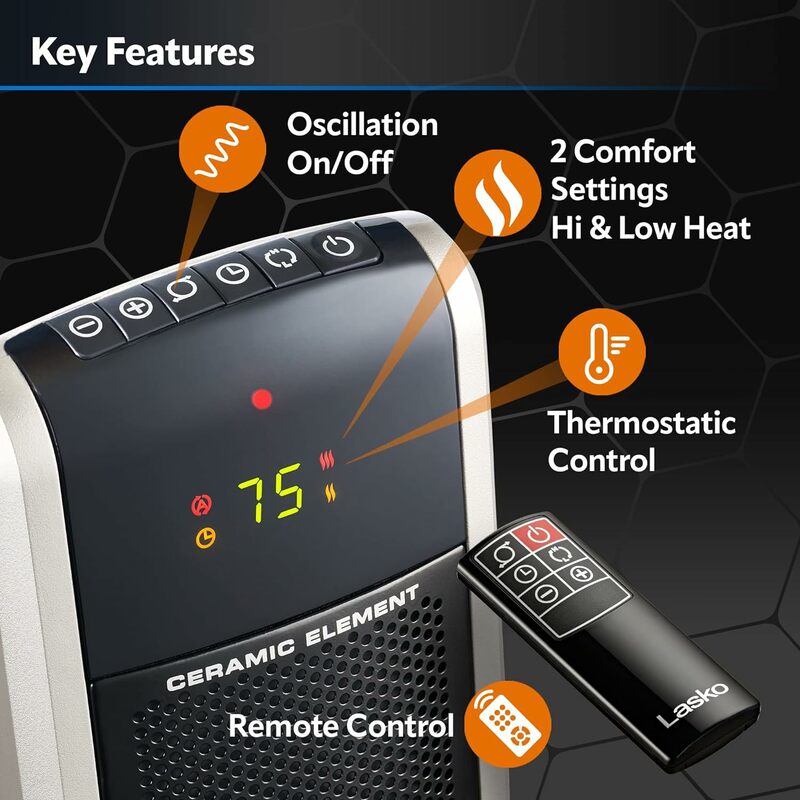온도조절기 조절 가능한 타이머 및 리모컨, 넓은 방, 29 인치, 1500W, 블랙, 5586