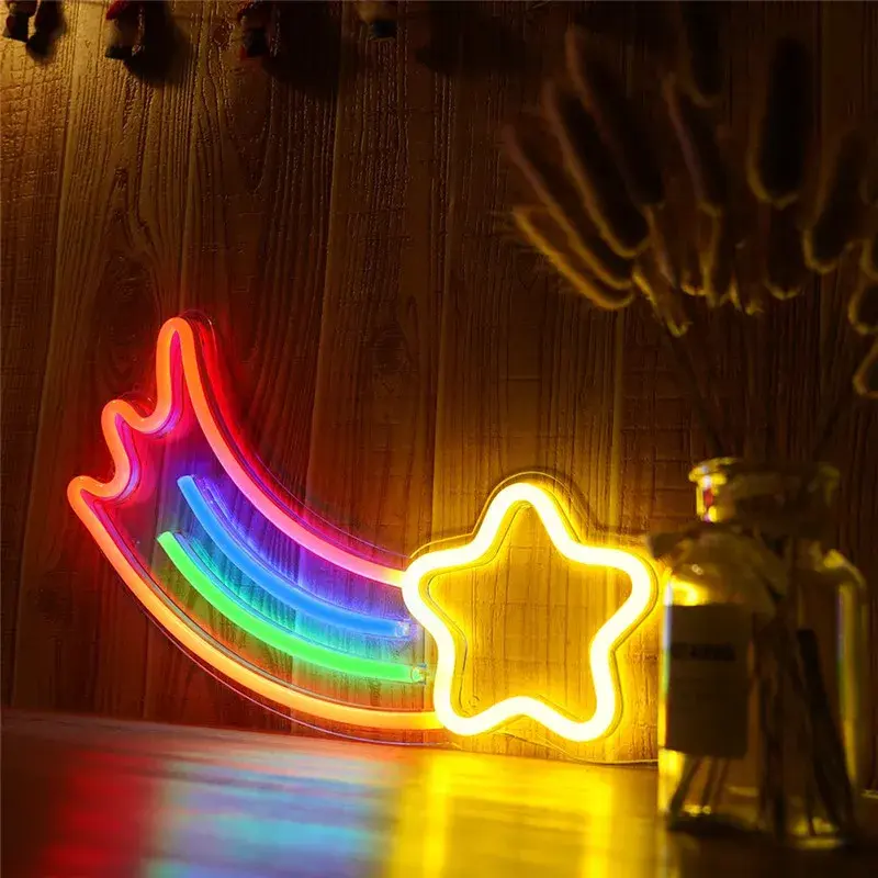 ไฟนีออนดาวตกไฟนีออนไฟแขวนผนังปาร์ตี้สำหรับตกแต่งหน้าต่างร้านค้าคริสต์มาสปีใหม่ไฟนีออนสีสันสดใสมีไฟ USB