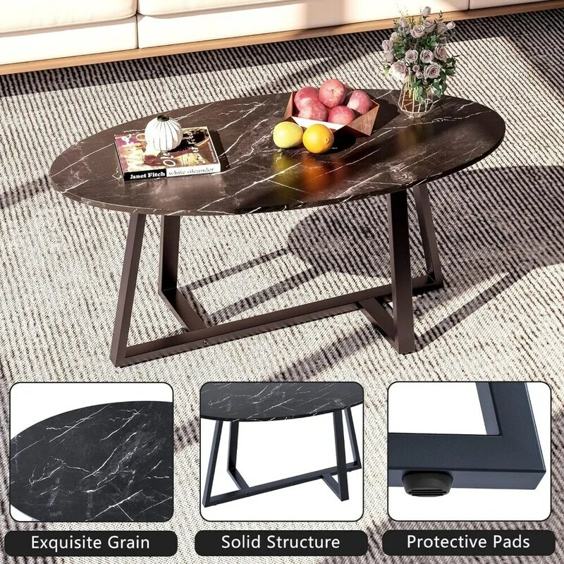 Coffee Table, Oval Faux Marble Coffee Table, Modern Gold Elliptic Side End Table for Living Room and Kitchen, Coffees Tables