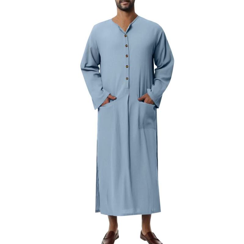 Muslim Men Abayas Kaftan Solid Pockets V Neck Long Sleeve Vintage Robes Man Arabic Islamic Southeast Asia Caftan Casual Abaya