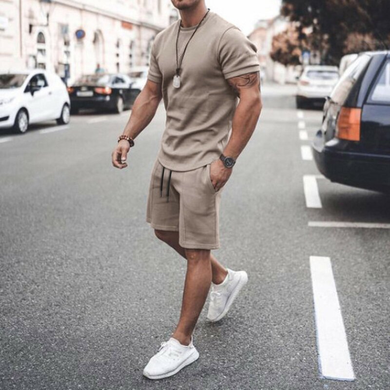 T-shirt Casual da uomo tinta unita Set estate Slim Fit manica corta + pantaloncini 2 pezzi Set oversize Fashion Beach Sport Man Suit