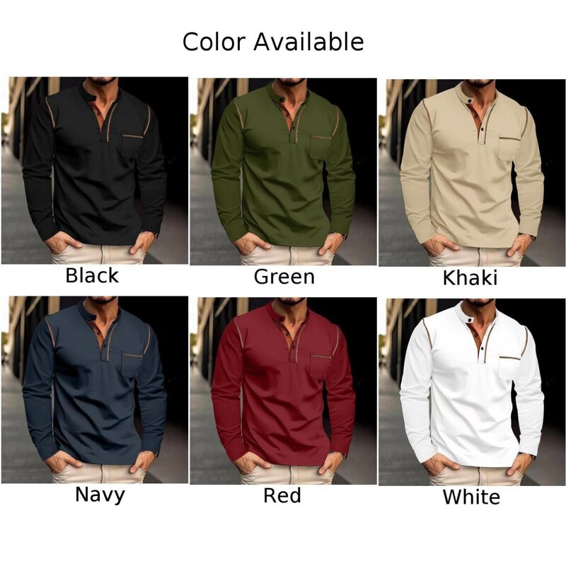 Kaus Lengan Panjang harian pria, atasan kasual liburan warna polos agak meregang kasual musim semi