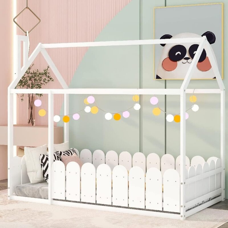 Marco de cama para niños, tamaño doble con techo y valla, fácil montaje, marco de cama para niños