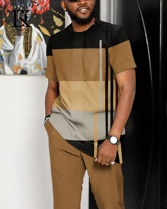 Męska koszulka i spodnie sportowe z nadrukiem 3D dwuczęściowy zestaw w paski, szyty designerski luźny nowy garnitur z krótkim rękawem odzież do joggingu
