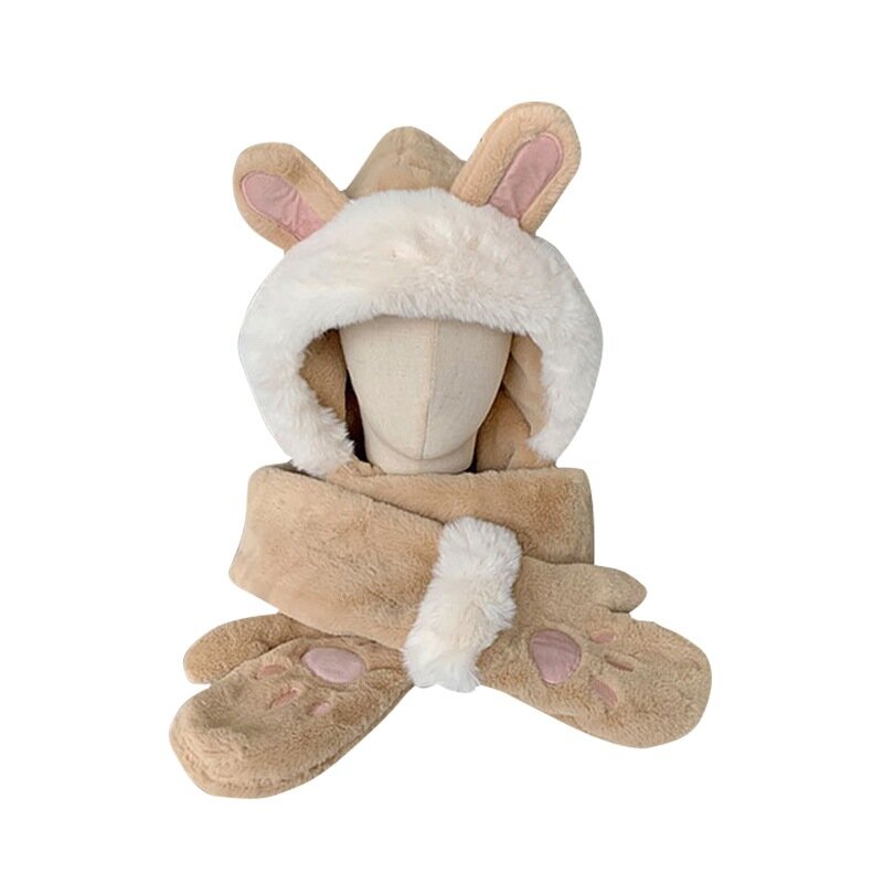 Sombrero de protección para las orejas de conejo con capucha para mujer, conjunto de guantes de tres piezas, cuello grueso, felpa, Invierno