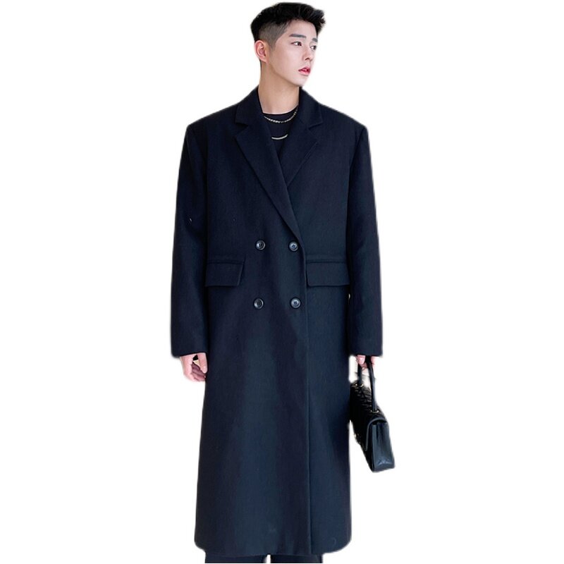 Zimowy i jesienna kurtka dla mężczyzn biznesowy płaszcz z wełny modny kołnierz wełniany płaszcz z mieszanki gruby ciepły długi płaszcz H33