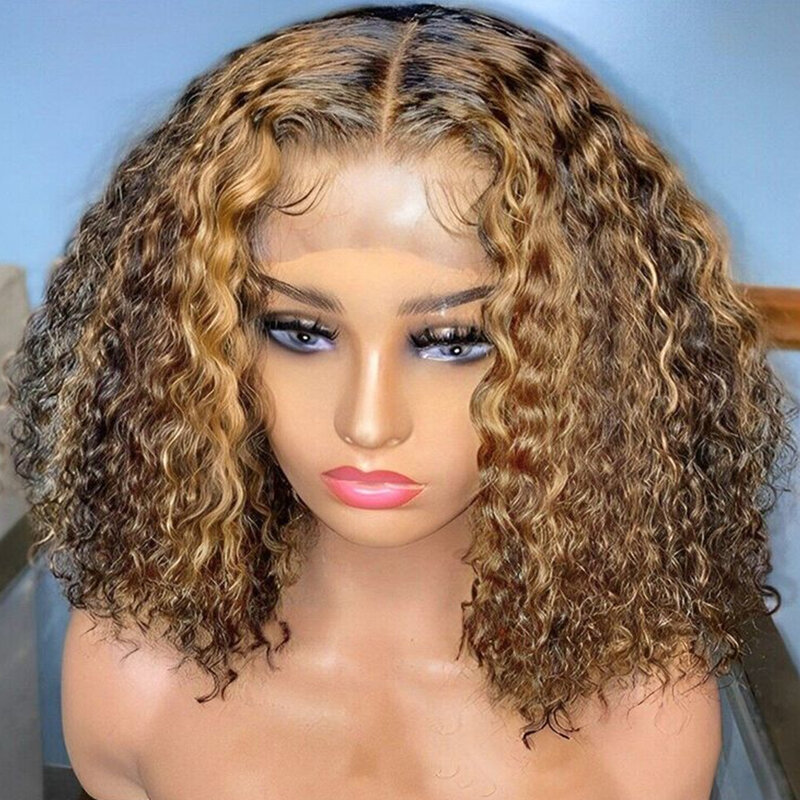 Short Curly Bob Wig Highlight 13x4 Lace Front Human Hair Wigs For Women Ombre Color Brazilian Deep Wave Lace Closure Frontal Wig