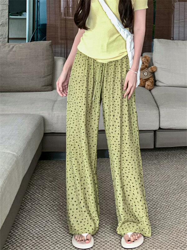 PLAMTEE M-XL 여성용 스트레이트 팬츠, 시크하고 루즈한 2024 신상 캐주얼 와이드 레그, 꽃무늬 프린트 데일리 오피스 레이디 여름 바지