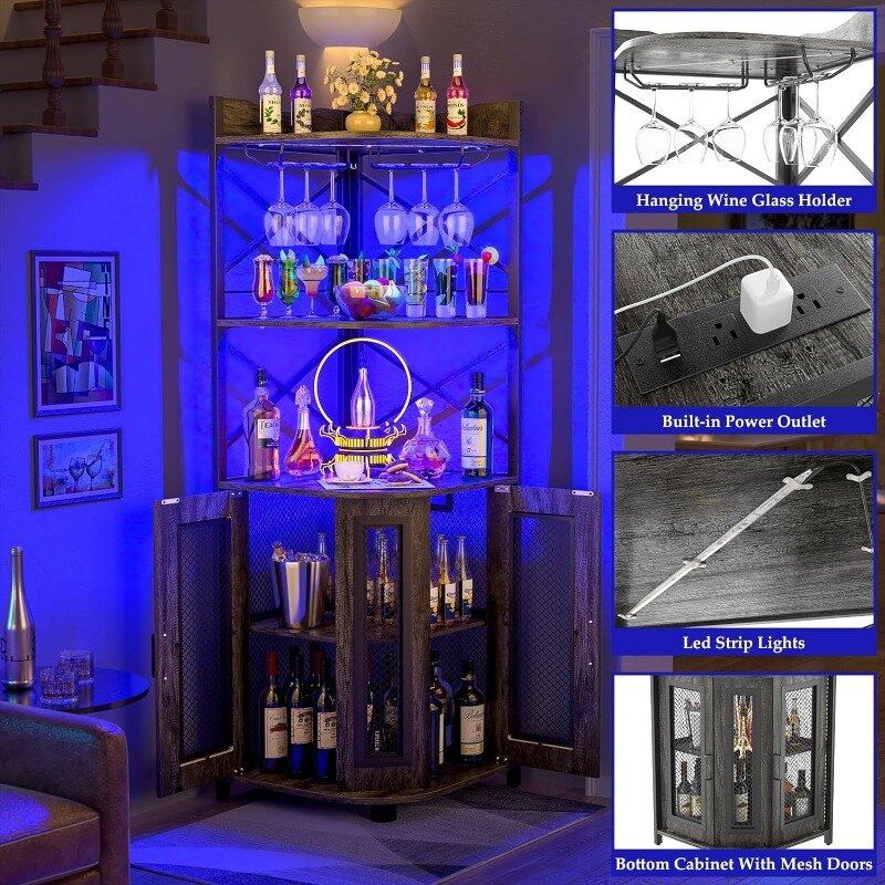 Mobile Bar angolare con presa di corrente, armadietto per vino industriale con striscia LED e supporto in vetro, mobile Bar a 5 livelli per liquori