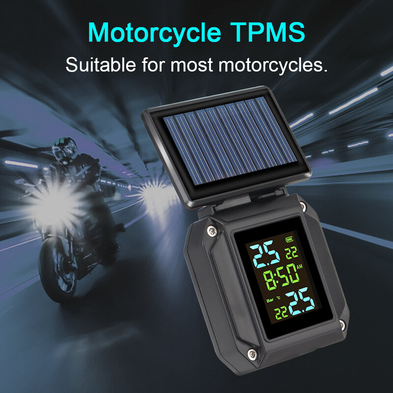 With Clock 0-6Bar Motorcycle Solor TPMS 2 Sensors Tire Pressure Monitoring System Tyre Tester Alarm Moto Accessories Universal